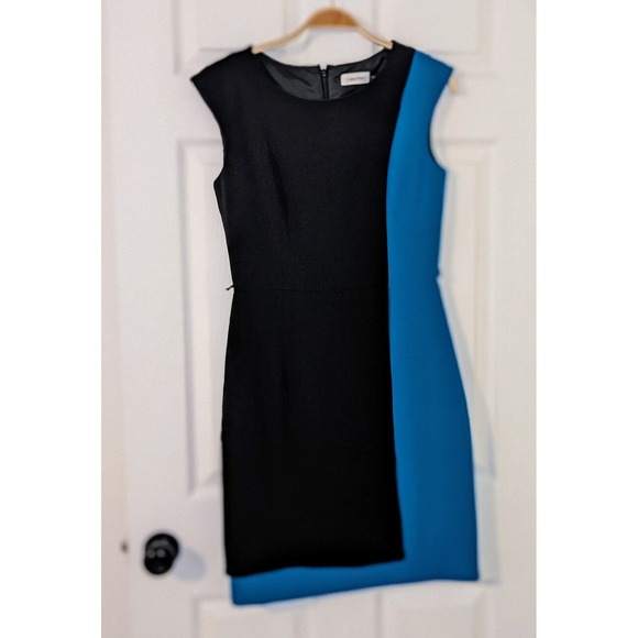 Calvin Klein Sheath Dress‎ Color Block Sleeveless Career Black Blue  Size 4 - Picture 1 of 6